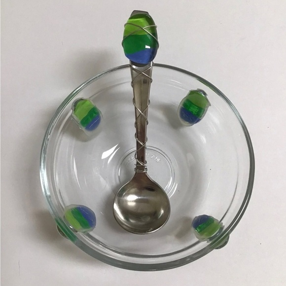 Art Glass Condiment Dish Blue Green Pebble Wire Wrapped Spoon Sea KIG Indonesia - Picture 7 of 12